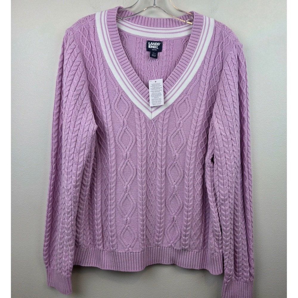 Lands End Drifter Sweater Womens L 14-16 Purple Cable Knit V-Neck Varsity Cotton